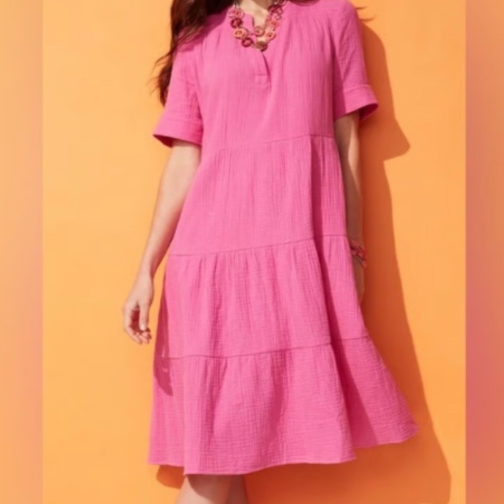 Chicos Tiered Cotton Gauze Pink Dress